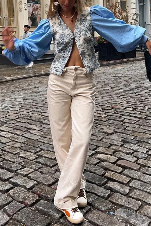 Botanical Print V-neck Patchwork Long-sleeved Top-consonak