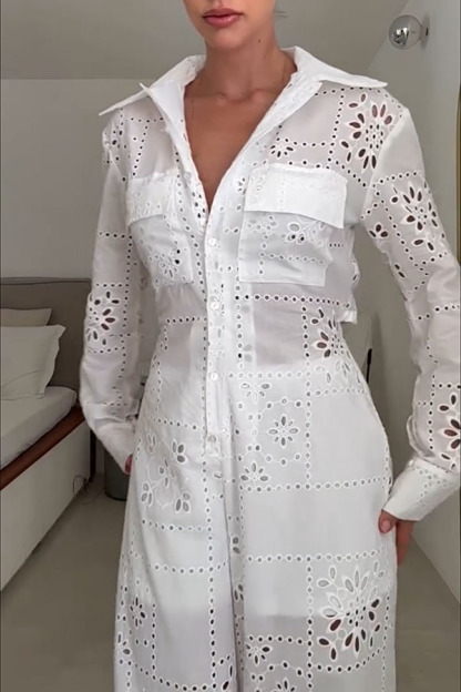 Vivi Embroidered Lace Cutout Long Sleeve Pocket Elastic Waist Loose Shirt Jumpsuit