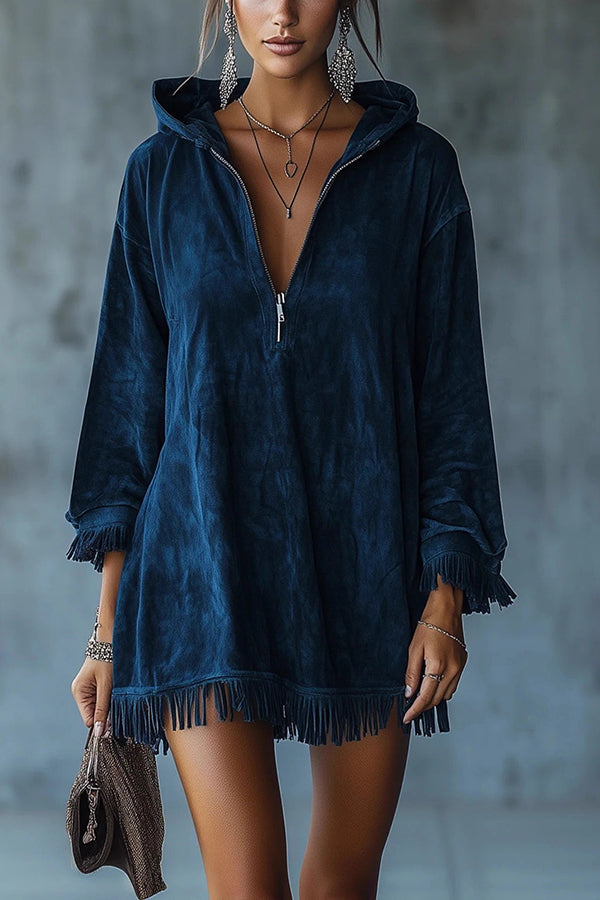 Solid Color Loose Hooded Zip-up Casual Long-sleeved Tassel Hem Mini Dress-consonak