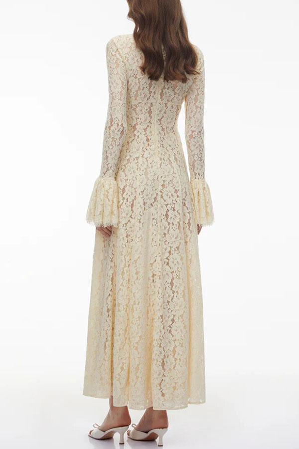 Nasrin Floral Lace Mock Neck Long Bell Sleeve Pleated Hem Maxi Dress