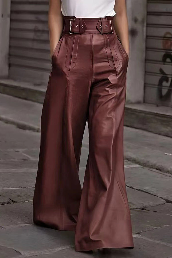 Fashion Leather High Waist Loose Pocket Casual Flared Pants-consonak