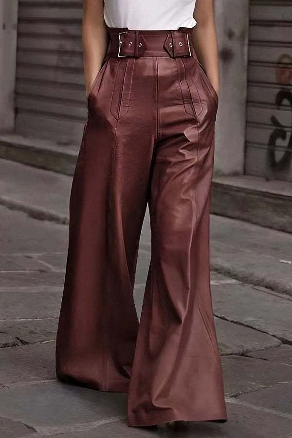 Fashion Leather High Waist Loose Pocket Casual Flared Pants-consonak