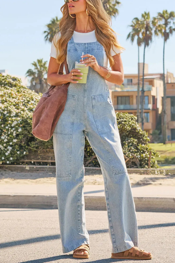 Stylish Loose Pockets Side Buttons Wide-leg Denim Jumpsuit