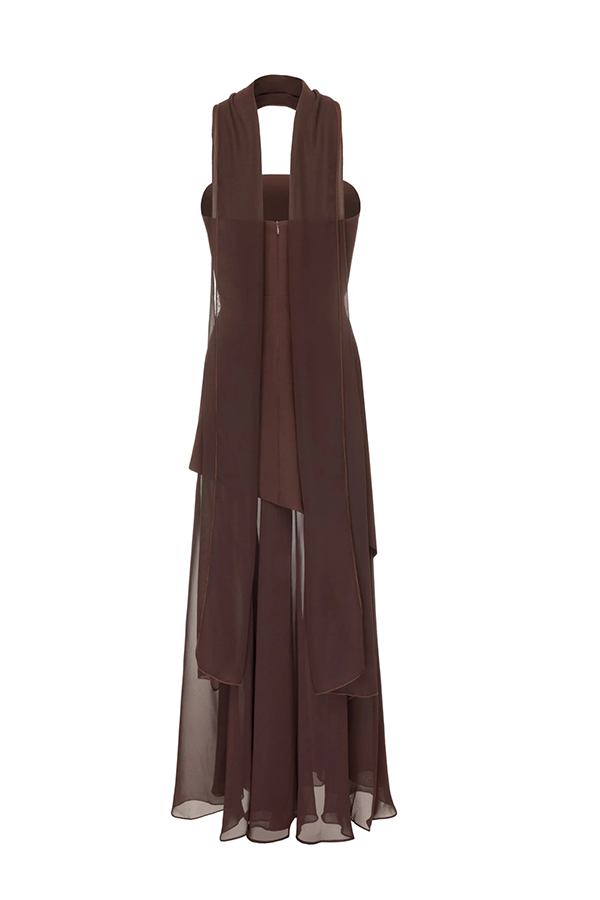 Monaco Off Shoulder Structured Top Chiffon Slit Hem Scarf Maxi Dress | Consonak