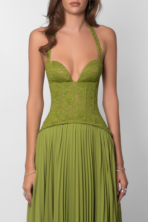 Elegant Lace Patchwork Halter Neck Tie Backless Pleated Maxi Dress-consonak