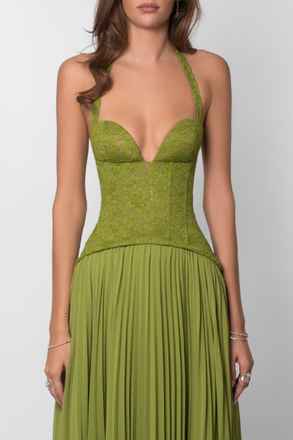 Elegant Lace Patchwork Halter Neck Tie Backless Pleated Maxi Dress-consonak