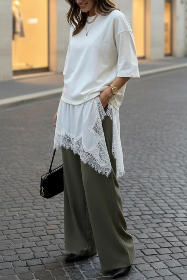 Stylish Round Neck Short-sleeved Patchwork Lace Hem Loose T-shirt-consonak