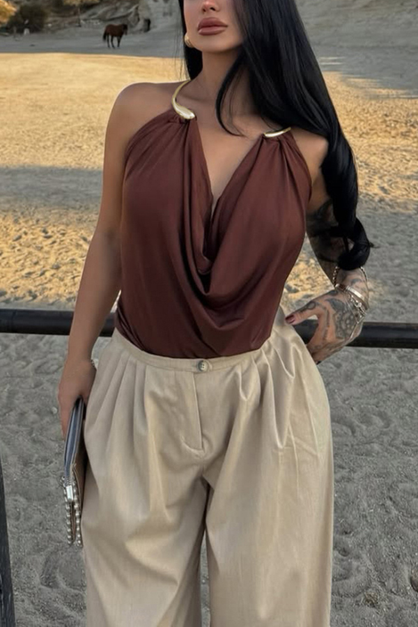 Fashionable Metal Ring Halter Neck Backless Draped Sleeveless Top-consonak