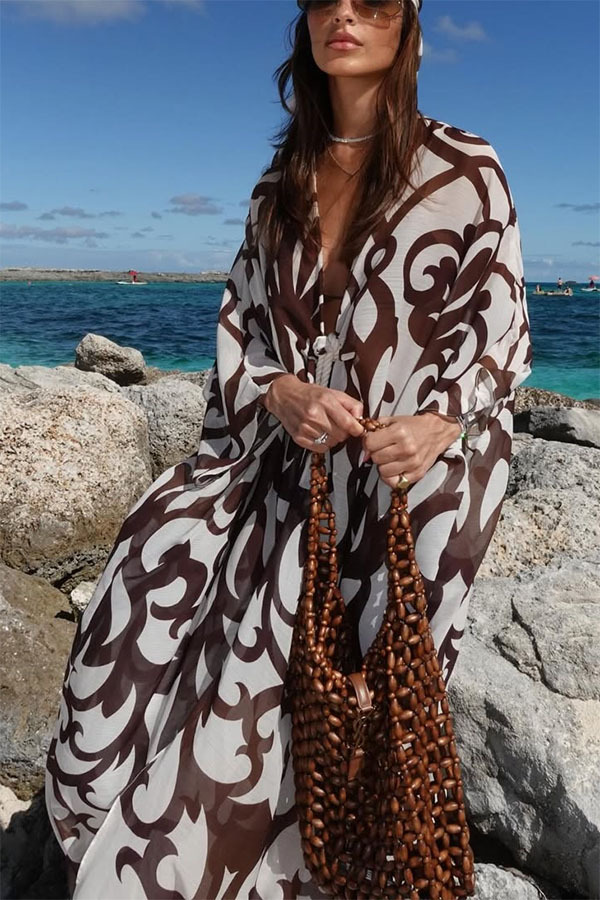 Summer Day Unique Print Rope Knotted Batwing Sleeve Oversized Cover-up Dress