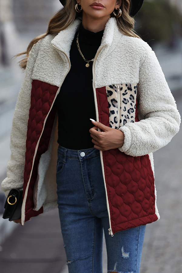 Casual Patchwork Plush Long Sleeve Leopard Print Pocket Loose Zipper Jacket-consonak