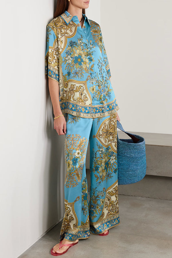 Satin Floral Print Loose Shirt and Elastic Waist Pocket Casual Wide-leg Pants-consonak