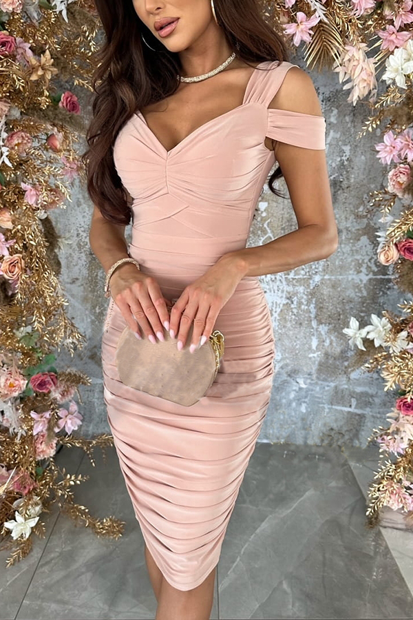 Raise A Toast Cold Shoulder Ruched Pencil Midi Dress-consonak