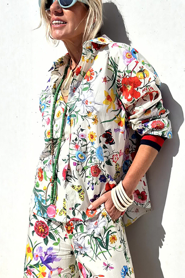 Fabulous Fiesta Satin Floral Unique Print Button Down Oversized Blouse-consonak