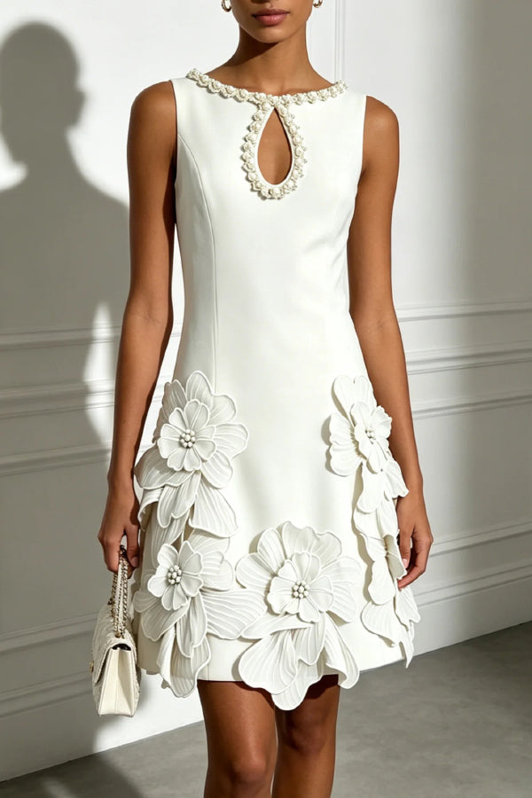 Delicate Silhouette Pearl Trim Cutout Neck Sleeveless 3D Florals Hem Mini Dress-Consonak