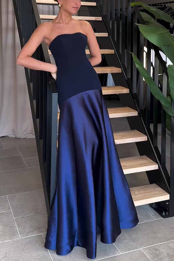 Timeless Elegance Satin Patchwork Strapless Flare Gown Maxi Dress | Consonak