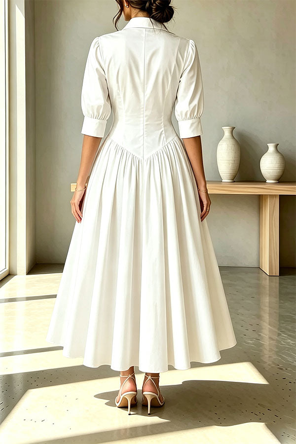 Elegant Linen Blend High Waisted Button Front Detail Pocket Shirt Umbrella Maxi Dress-Consonak