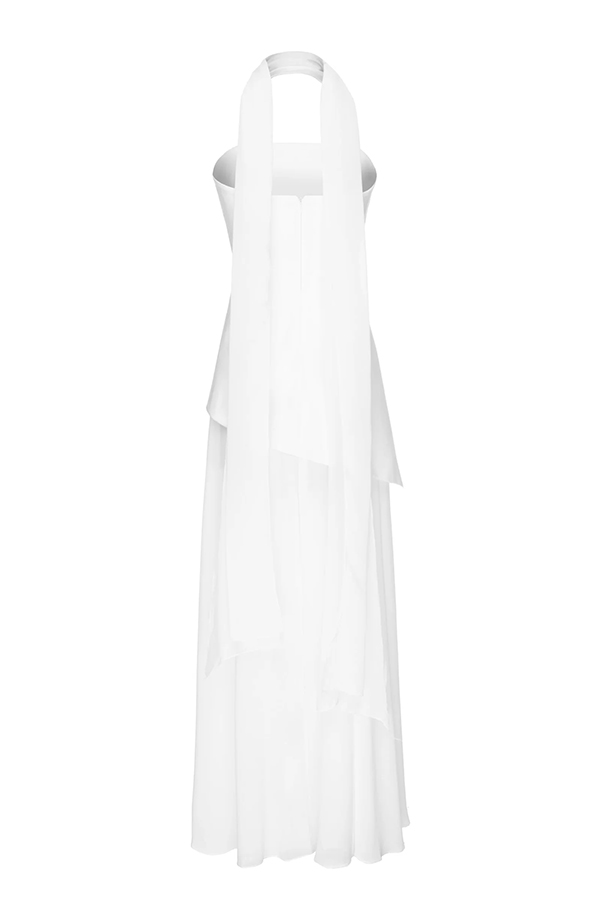Monaco Off Shoulder Structured Top Chiffon Slit Hem Scarf Maxi Dress | Consonak