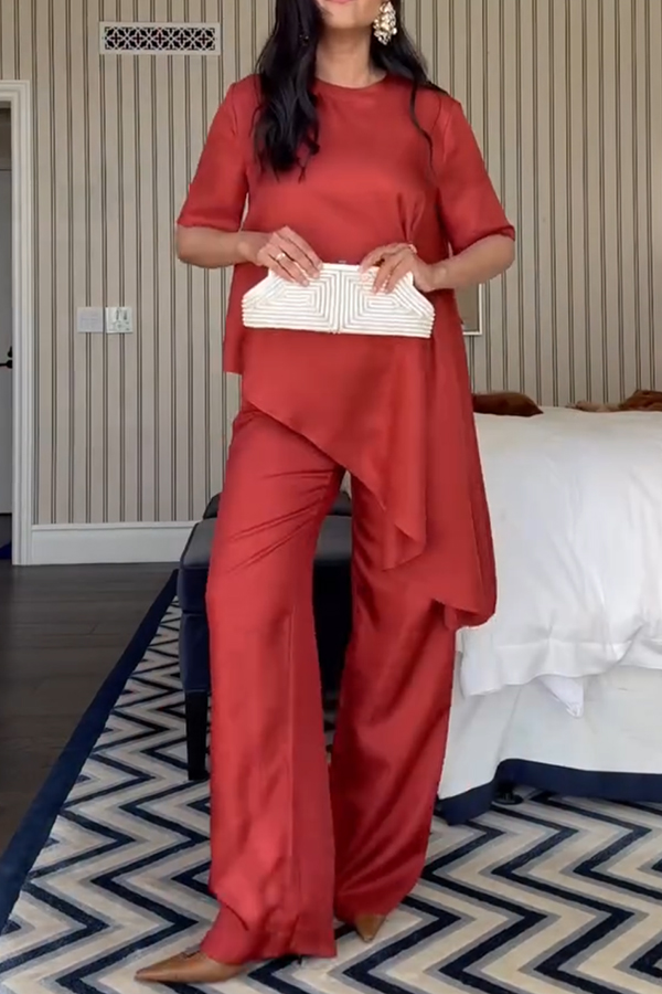 Janice Satin Metal Button-detail Asymmetric Top and Elastic Waist Loose Pants Set