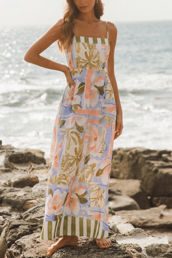 Unique Print Square Neck Spaghetti Strap Waist Casual Maxi Dress | Consonak
