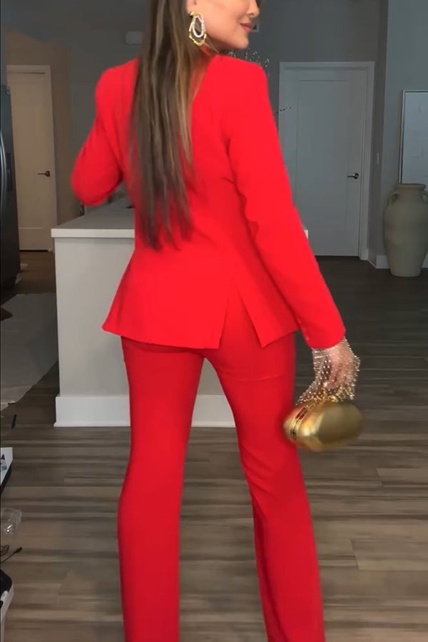 Luxe Lifestyle Single Button Lapel Blazer and Elastic Waist Pocketed Straight Suit Pants Set-Consonak