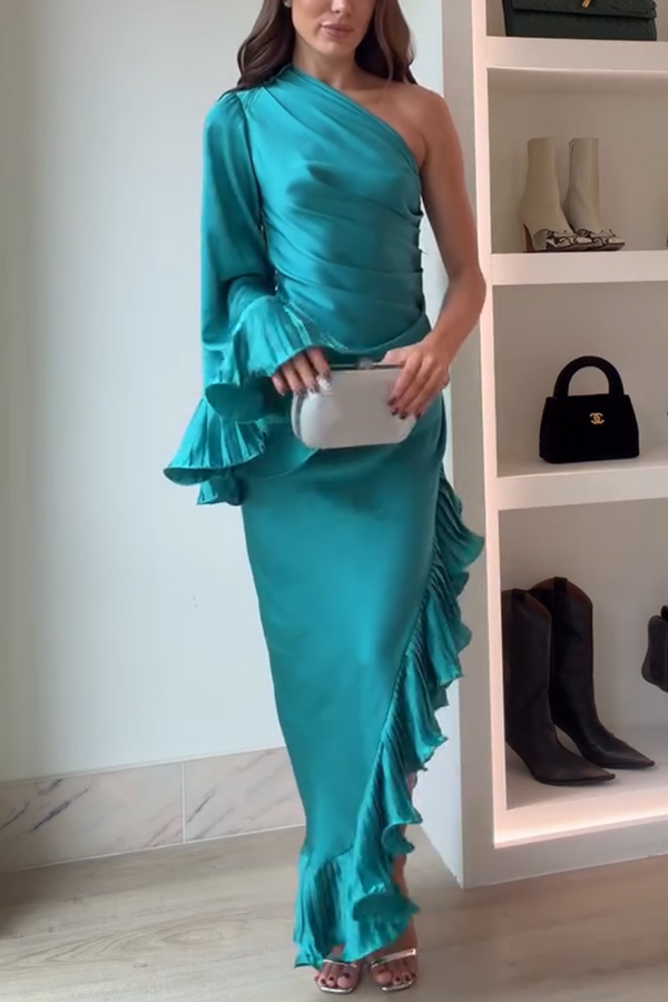 Elegant Satin One Shoulder Sleeve Pleated Ruffles Trim Ruched Asymmetrical Maxi Dress-consonak