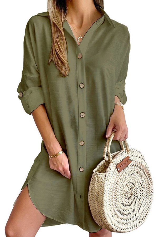 Solid Color Casual Button-Down Shirt Style Mini Dress-consonak