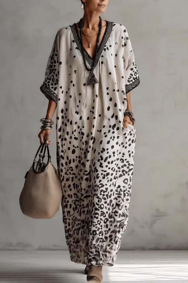 Unique Print V-Neck Half Sleeve Loose Casual Maxi Dress