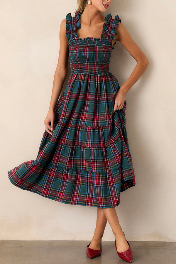 Plaid Print Ruffled Halter Pleated Sleeveless Casual Midi Dress-consonak