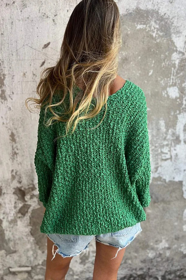Solid Color V-neck Long-sleeved Loose Knitted Sweater-consonak