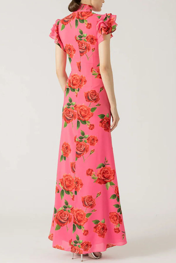 Elegant party cheongsam style rose print layered flared sleeve elastic long skirt-consonak