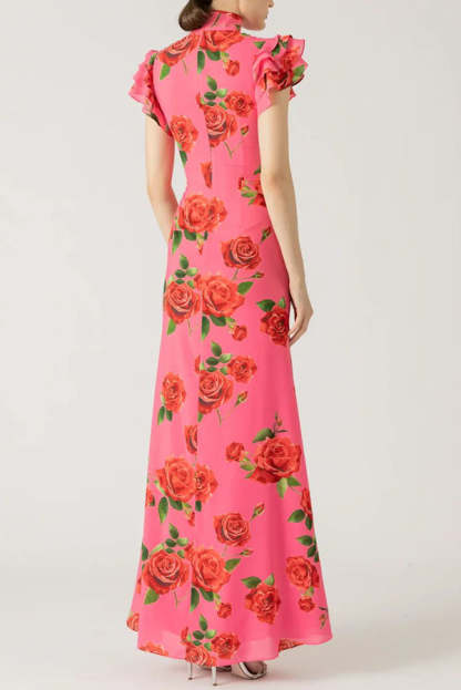 Elegant party cheongsam style rose print layered flared sleeve elastic long skirt-consonak