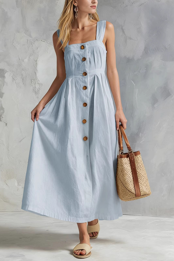 Linen Blend Solid Color Square Neck Sleeveless Button Casual Maxi Dress | Consonak