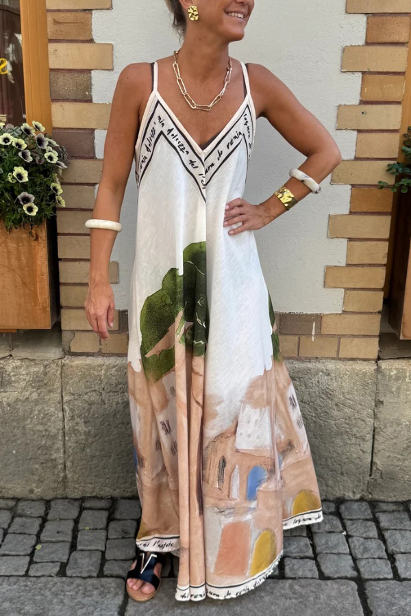 Unique Print Loose-fitting V-neck Casual Holiday Maxi Dress