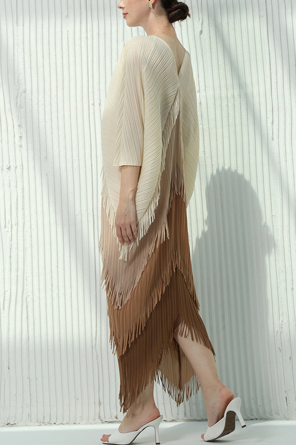 Fashionable Color-blocked Multi-layered Tassel Loose Midi Dress-consonak