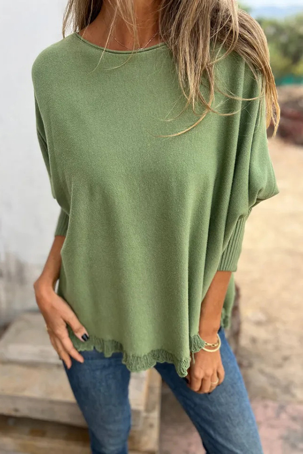 Solid Color Loose Long Sleeve Lace Knitted Sweater-consonak