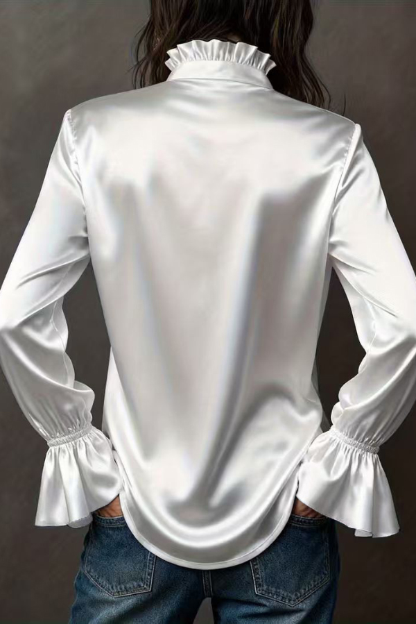 Solid Color Satin Casual Long-sleeved Button-down Shirt-consonak