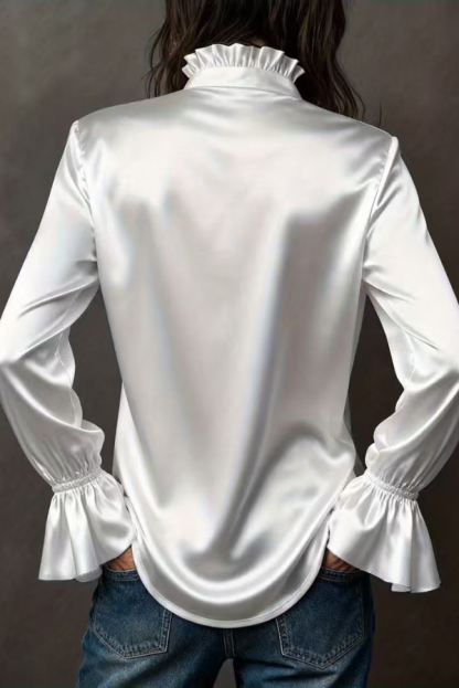 Solid Color Satin Casual Long-sleeved Button-down Shirt-consonak