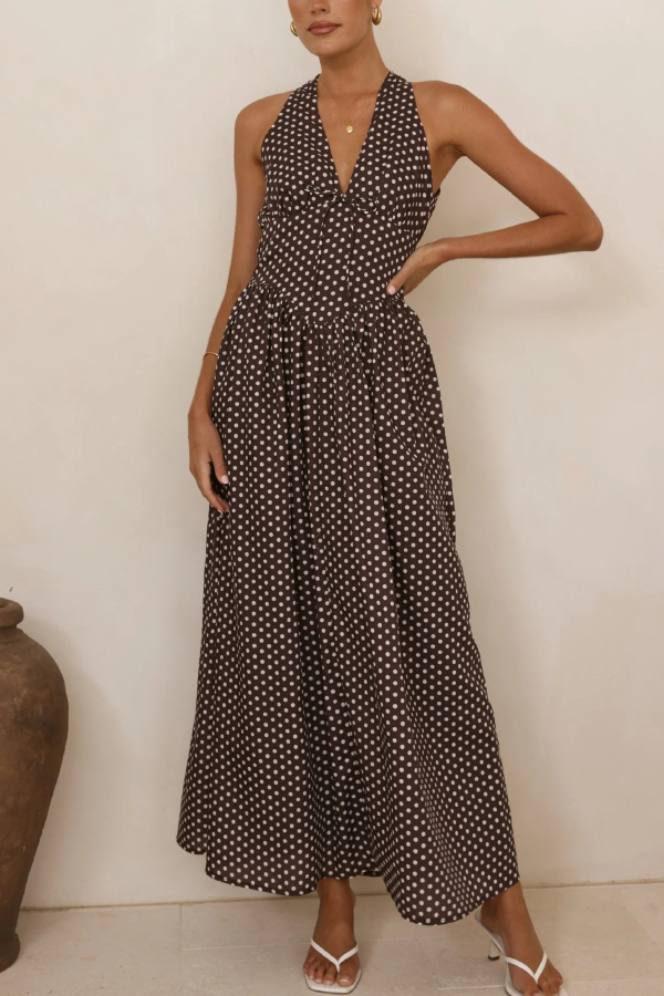 Polka Dot Print Halter Neck Fitted Waist Holiday Maxi Dress-consonak