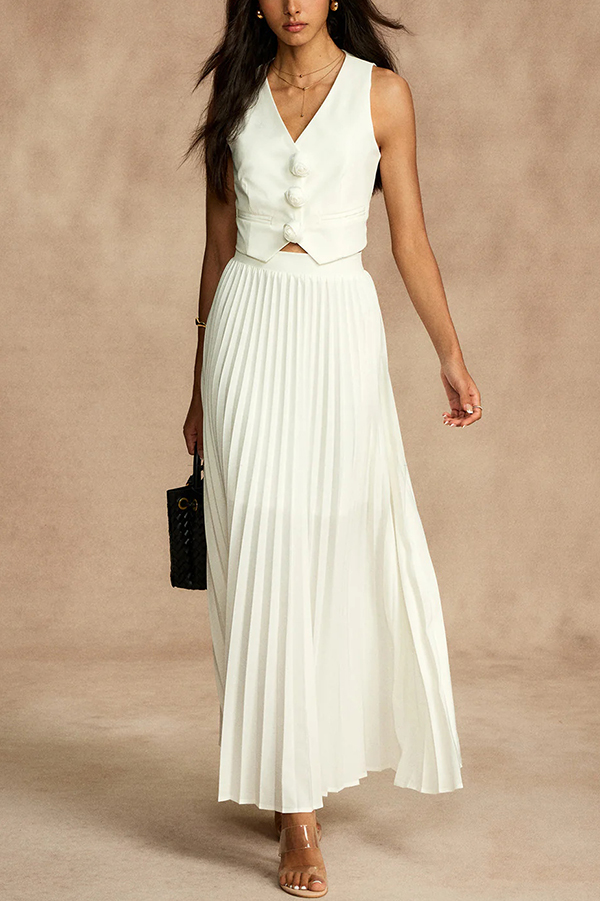 Stylish Rosette Sleeveless Tank Top and Pleated Maxi Skirt Set-consonak