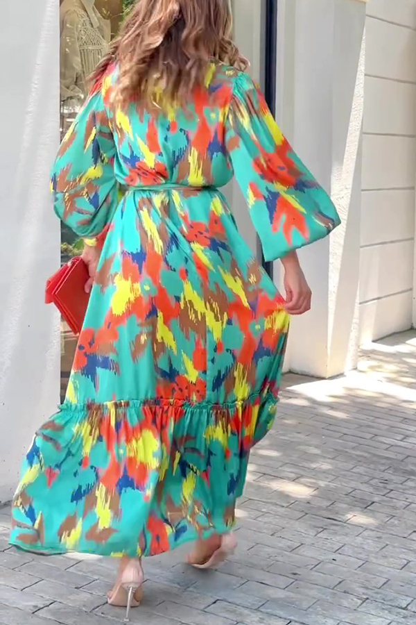 Multicolor Printed Lapel Balloon Sleeves Tie-waist Maxi Dress-consonak