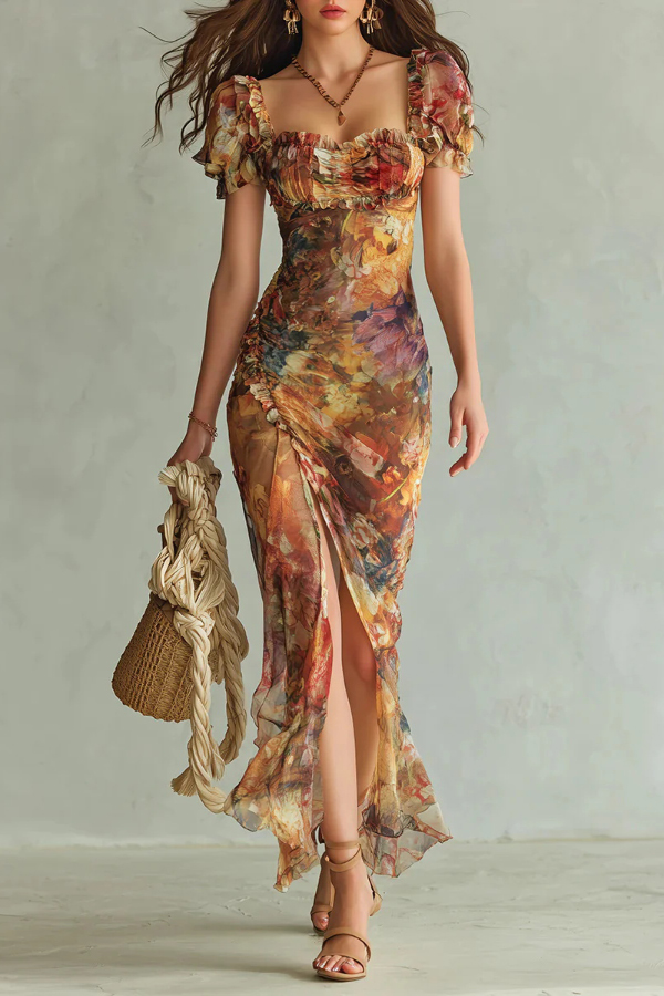 Floral Print Short-sleeved Square Neck Ruffled Elegant Slit Maxi Dress
