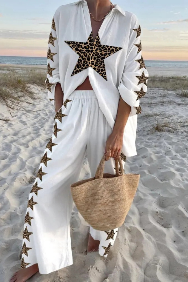 Leopard Five-pointed Star Print Oversized Shirt and Elastic Waist Pocket Pants Set