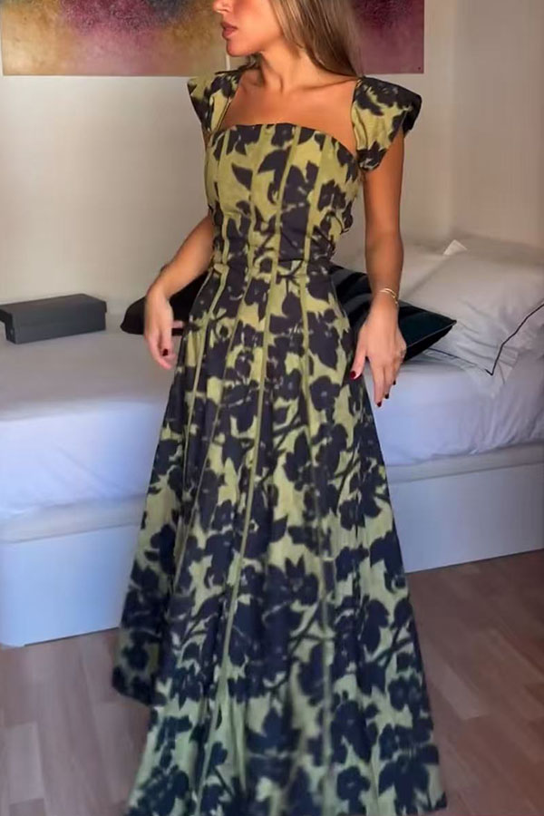 Elara Linen Blend Floral Print Princess Line Design Detachable Sleeves Maxi Dress | Consonak
