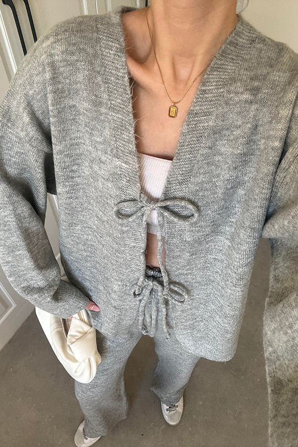Solid Color V-neck Tie Long-sleeved Loose Knit Cardigan and Elastic Waist Casual Straight Leg Pants Set-consonak
