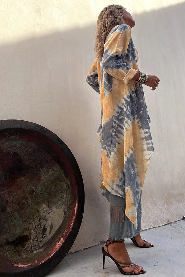 Isley Tie Dye Print Open Front Long Sleeve Ruffle Duster Kimono-consonak
