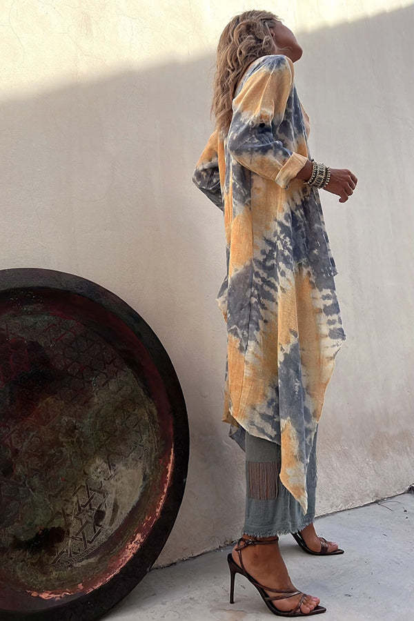 Isley Tie Dye Print Open Front Long Sleeve Ruffle Duster Kimono-consonak