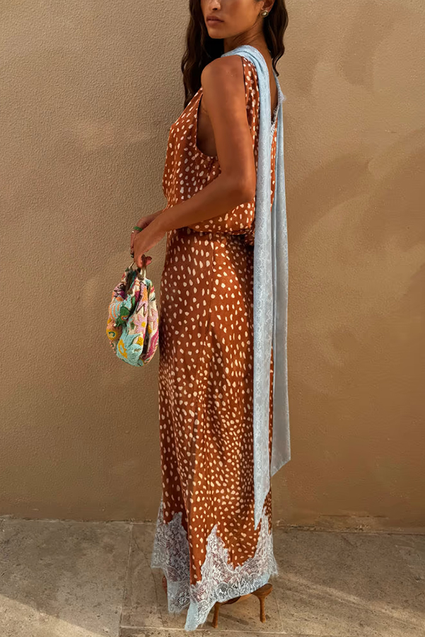 Stunning Fawn Print Contrast Color Satin Lace Trim Neck Strap Loose Tank-consonak