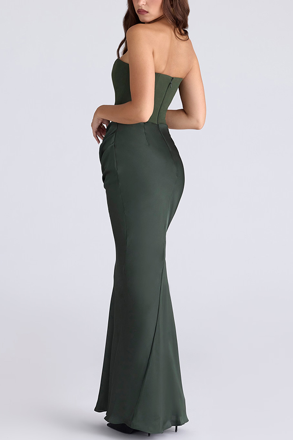 Attend The Gala Strapless Corset Satin Ruched Hip Drape Maxi Dress | Consonak