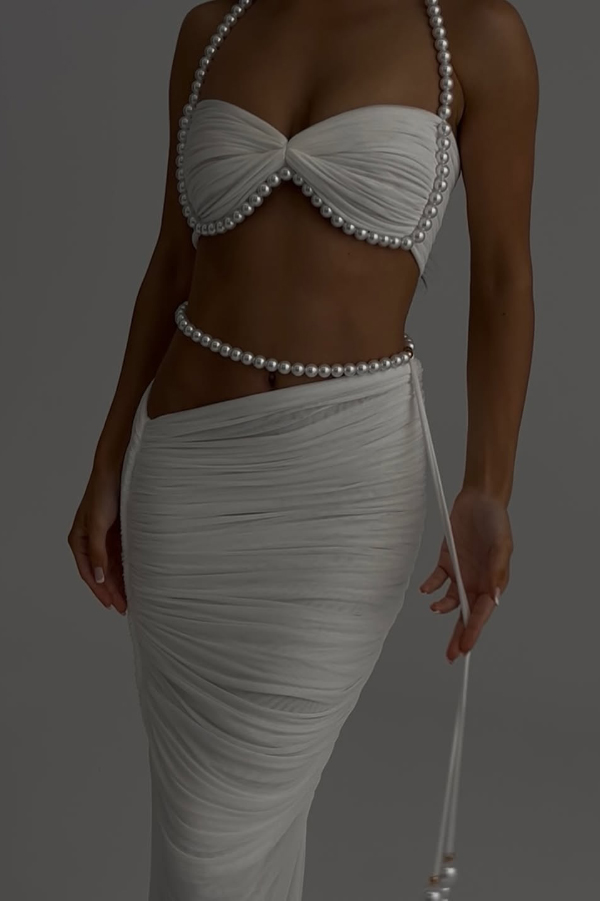 Imalia Stretch Mesh Pearl Trim Gathered Tank and  Detachable Belt Vacation Maxi Skirt Set-consonak