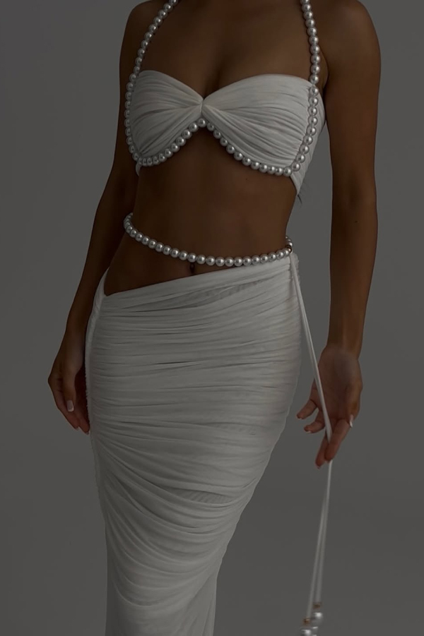 Imalia Stretch Mesh Pearl Trim Gathered Tank and  Detachable Belt Vacation Maxi Skirt Set-consonak